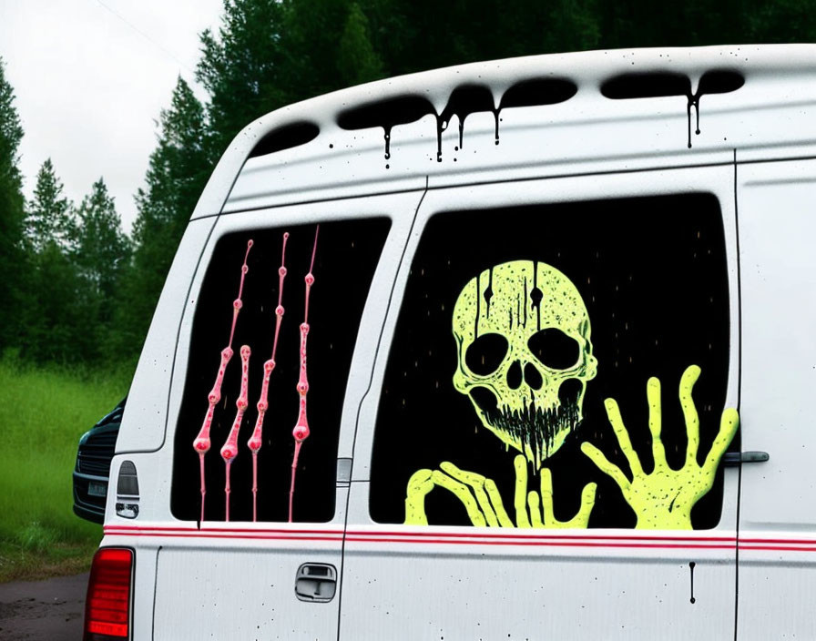 White Van with Yellow Skull Graphic, Pink Fishbone Decals