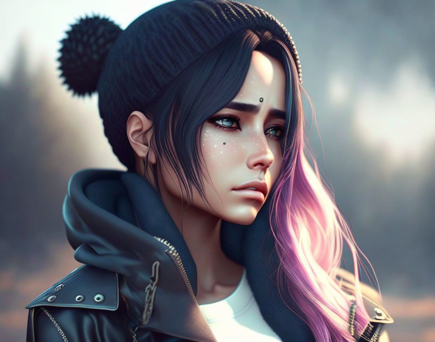 Digital artwork: Girl with pink ombre hair, beanie, leather jacket, reflective gaze