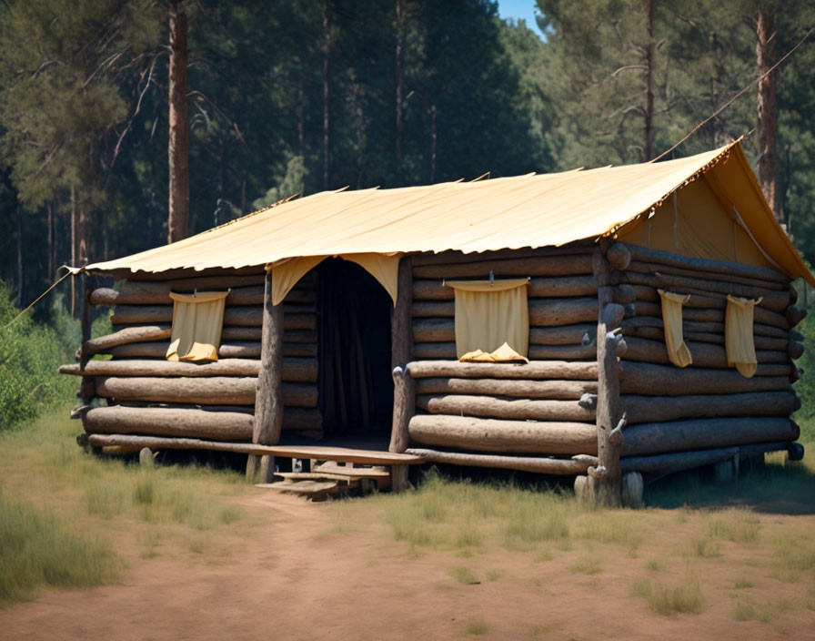 Rustic log cabin with yellow canvas roof in forested setting