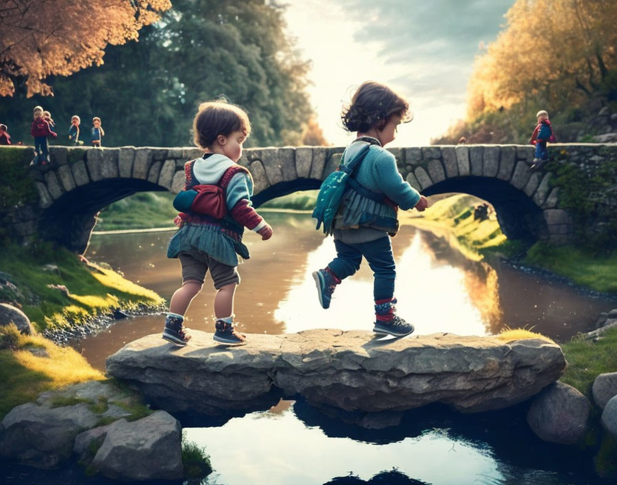 Children playing near bridge over stream in sunny park landscape