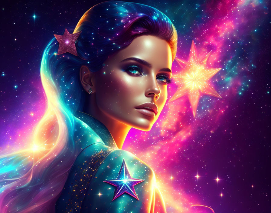 Illustration of woman with galaxy-themed hair and makeup on cosmic background