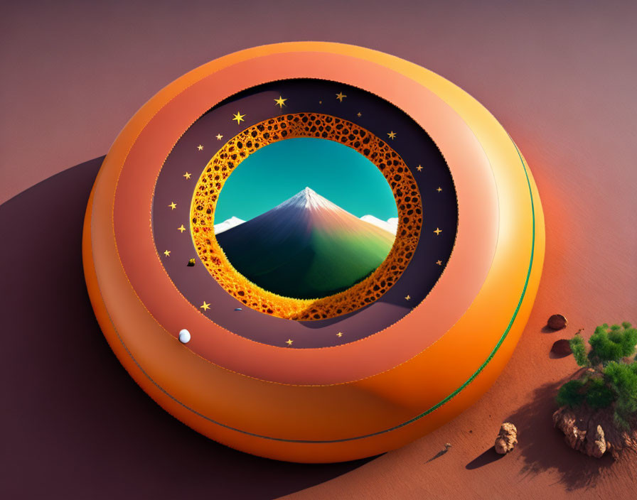 Surreal landscape with layered rings and mountain, stars, trees, in orange and brown tones