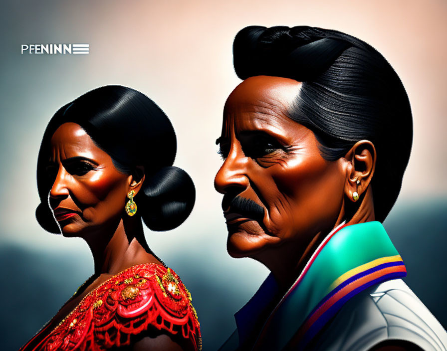 Profile portrait of a stylized man and woman in vibrant attire against soft backdrop