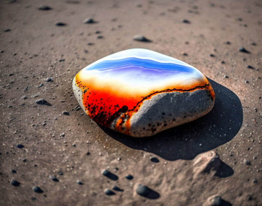 Fiery Orange and Tranquil Blue Patterned Polished Stone on Sandy Ground