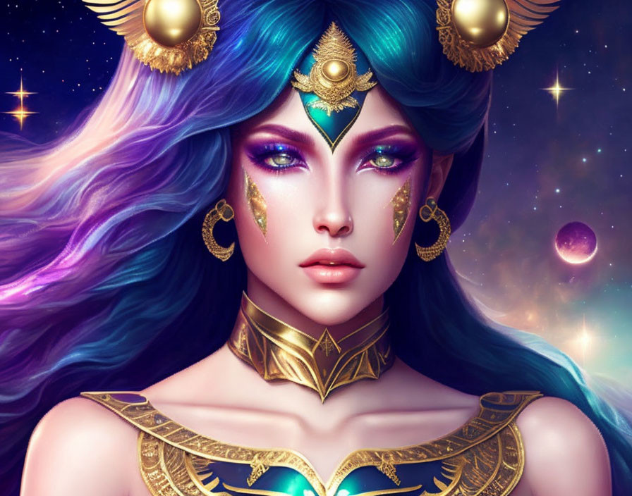 Fantasy illustration: Blue-skinned woman with multicolored hair and celestial jewelry.