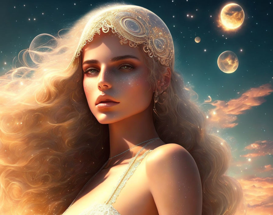 Portrait of woman with golden hair and headpiece against cosmic backdrop