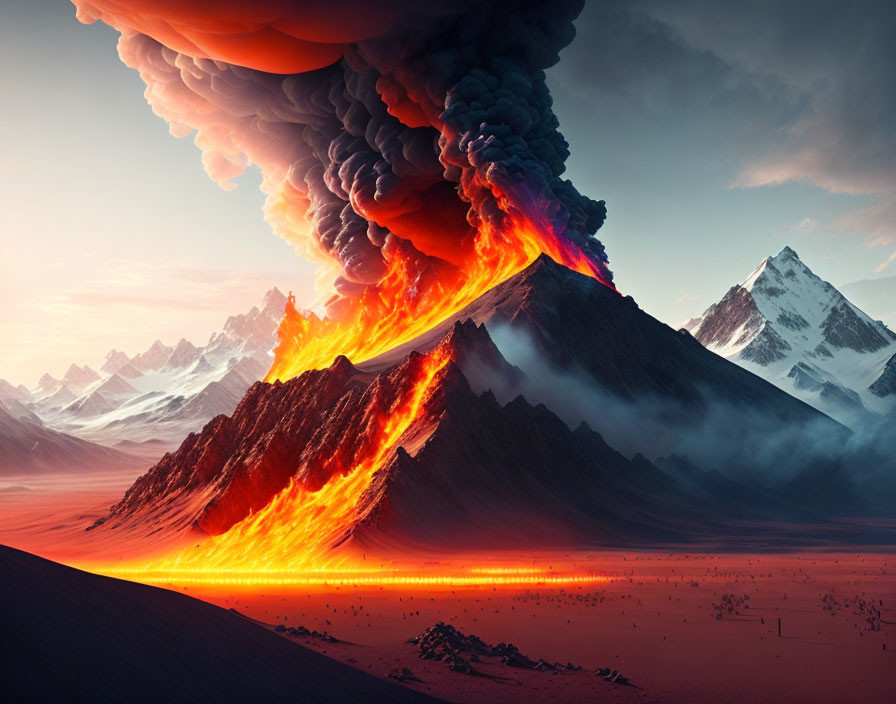 Volcano erupting vibrant lava flows with snowy mountains and pink sky