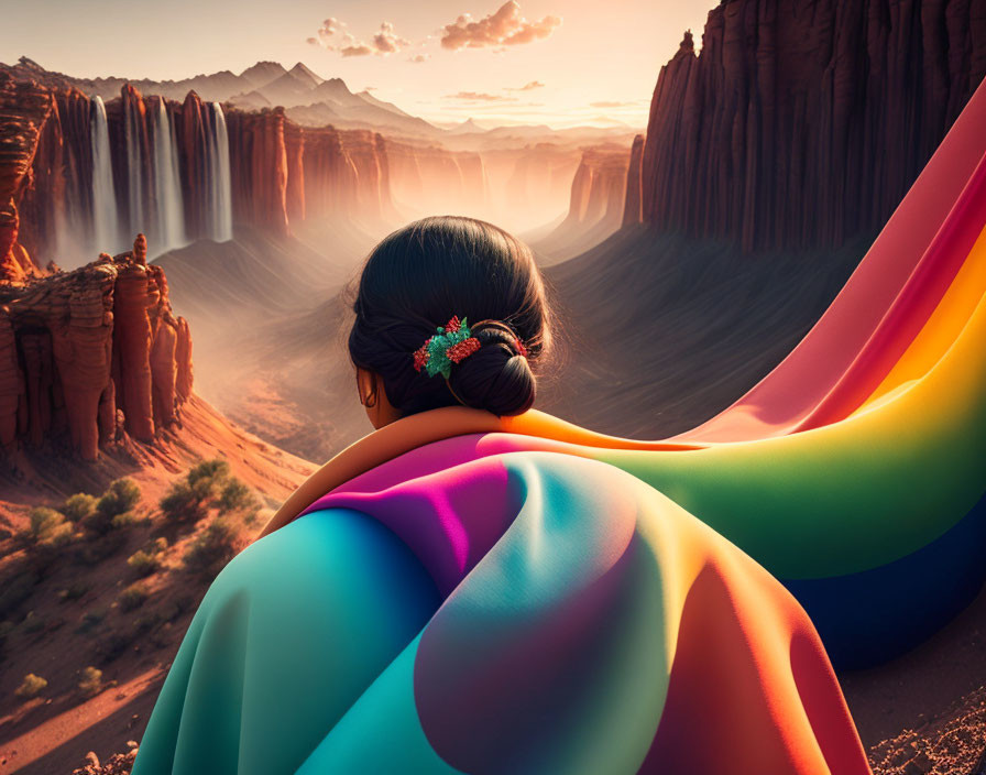 Vibrant rainbow cloak person overlooking majestic canyon with waterfalls