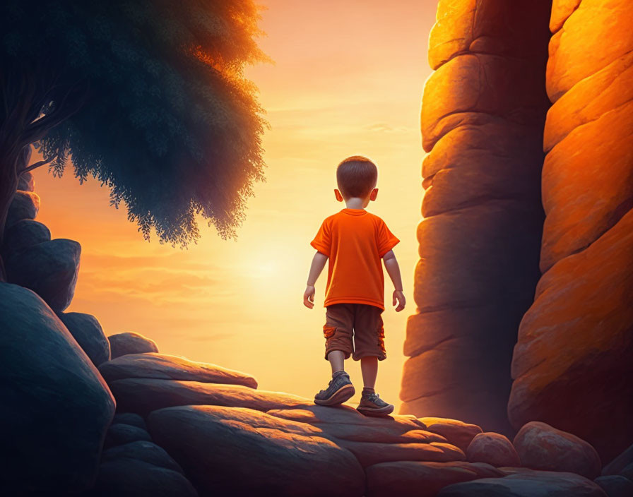 Child with backpack walking among towering rock formations at sunset