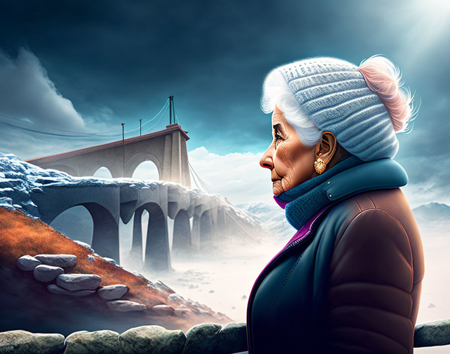 Elderly woman in hat and coat, surreal winter scenery with bridge