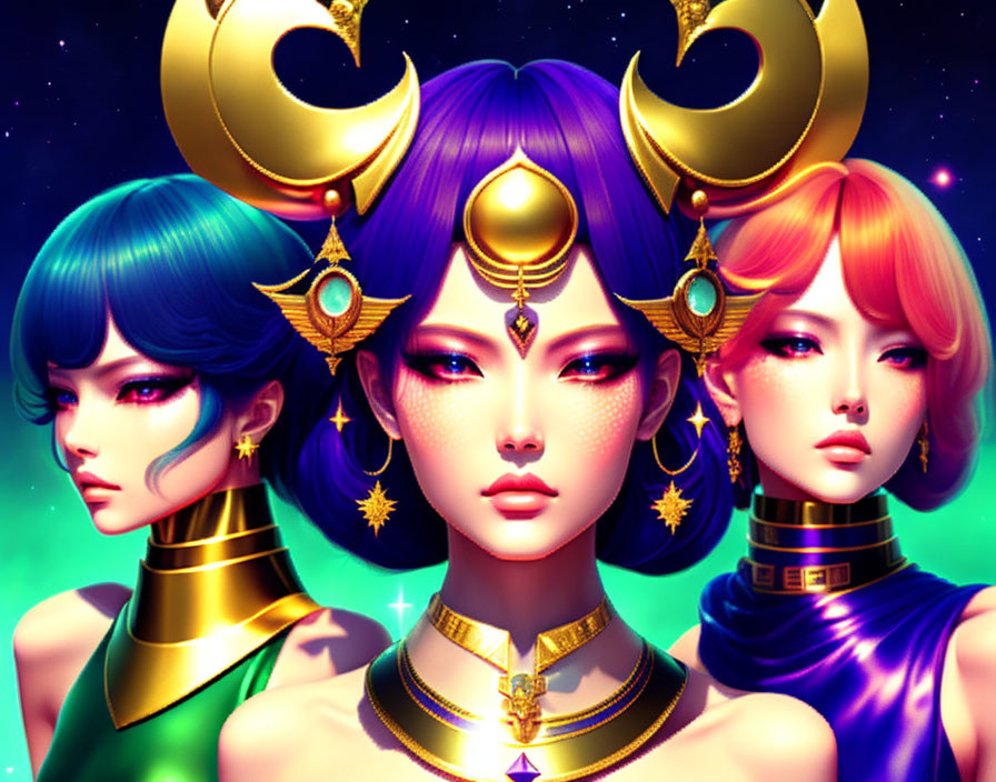 Colorful stylized female figures with cosmic makeup and golden headdresses on starry backdrop.