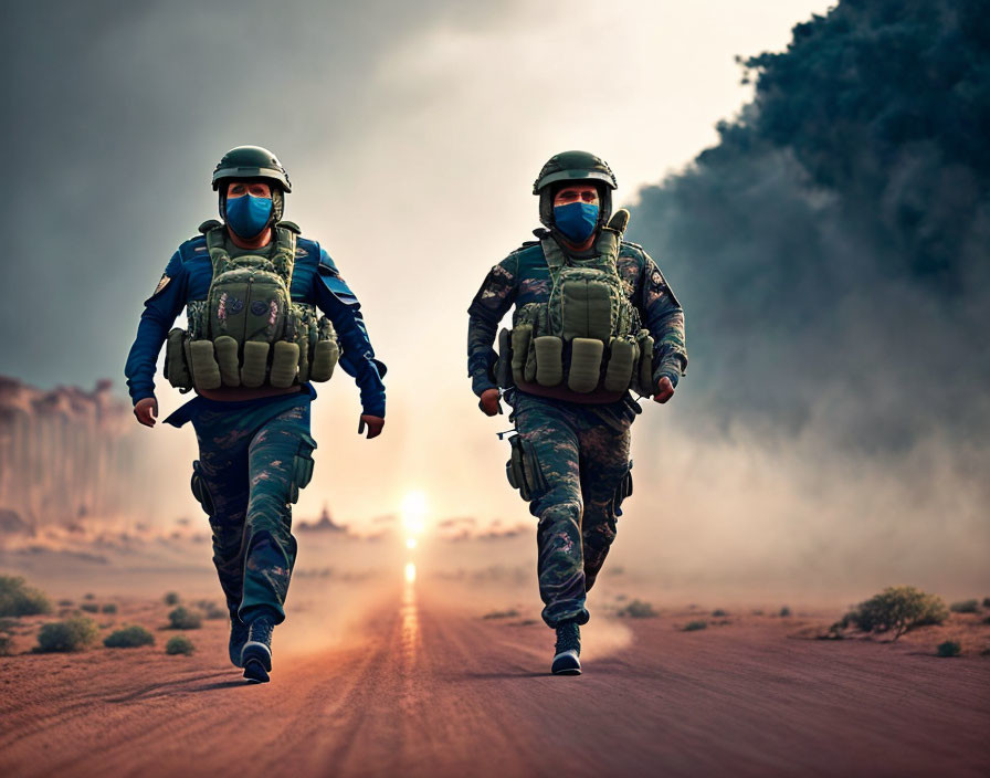 Military soldiers in combat gear and masks on dusty road with dramatic sky