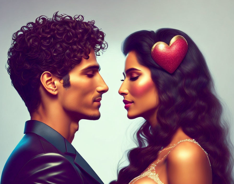 Vibrant stylized portrait of man and woman gazing with heart motif in woman's hair