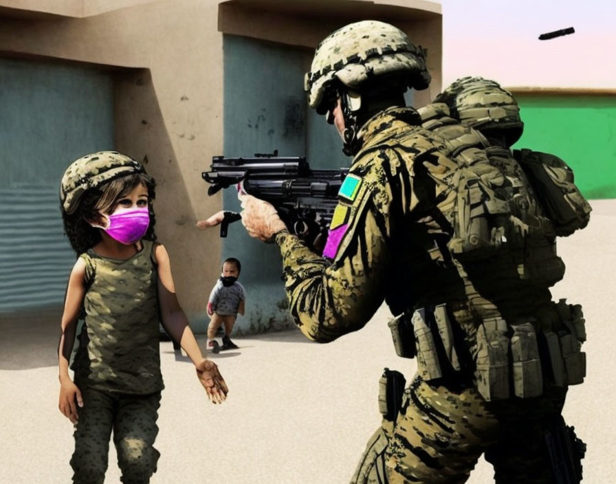 Soldier aiming gun at child with purple mask, toddler in urban setting.