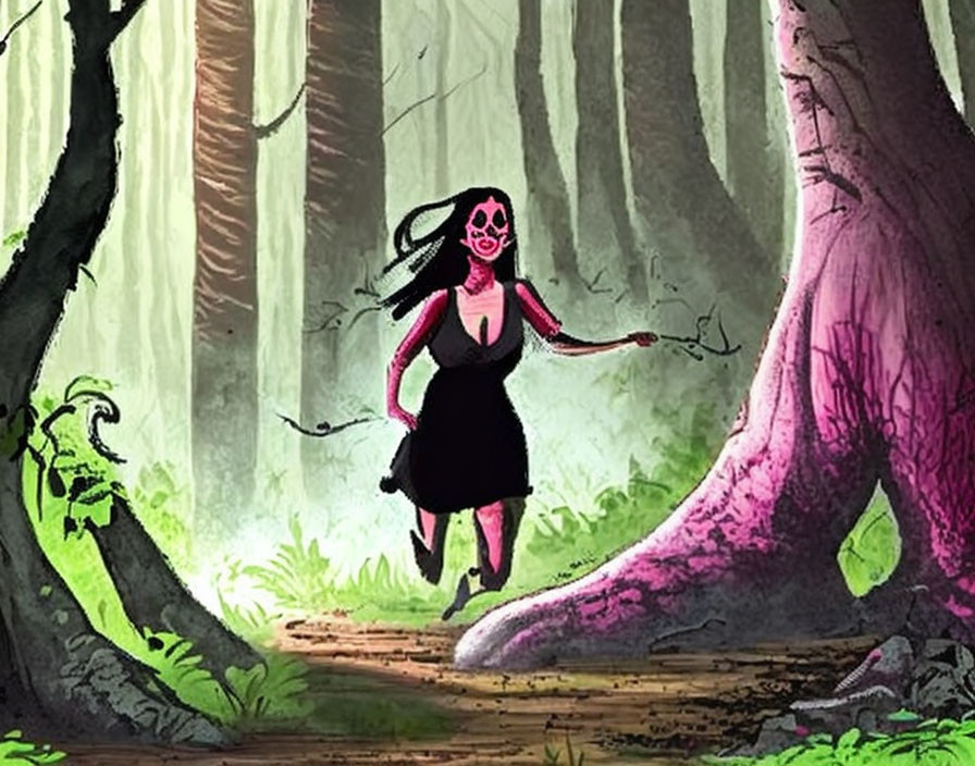 Skull-faced female character in vibrant forest scene