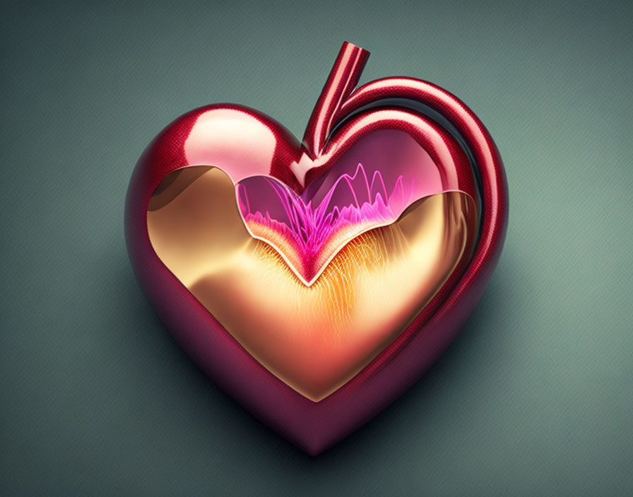 Stylized digital illustration of a peeling heart with golden interior and pink waveform