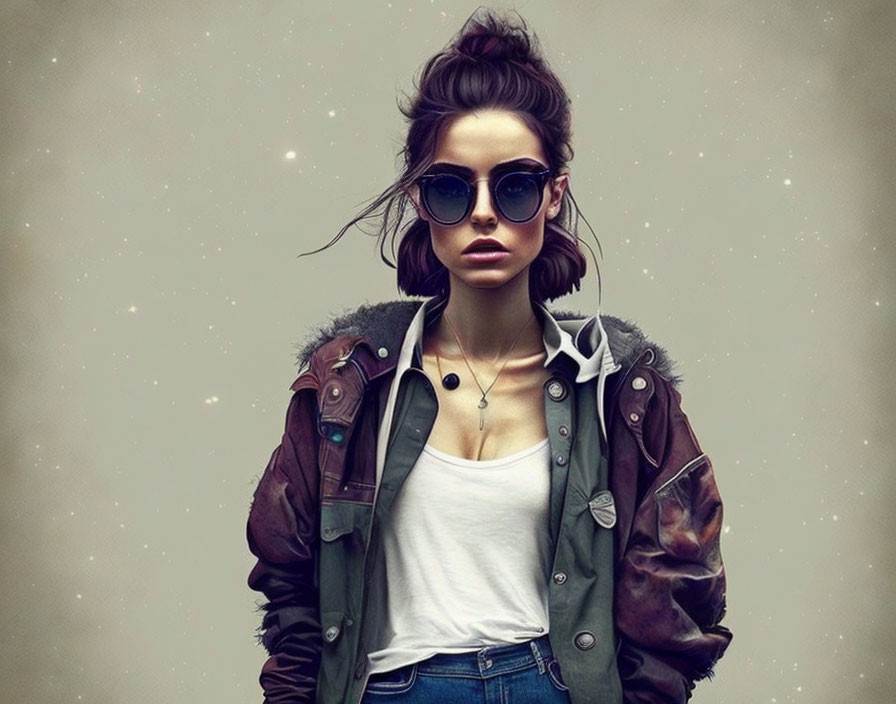 Fashionable woman in sunglasses and layered jacket with serious expression on speckled background