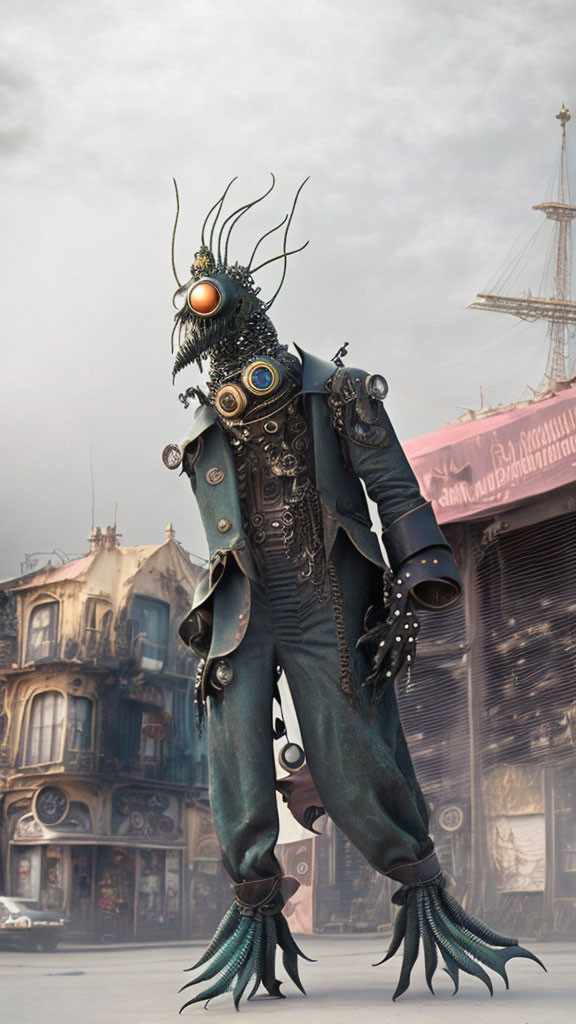 Steampunk character with orange eye in surreal cityscape