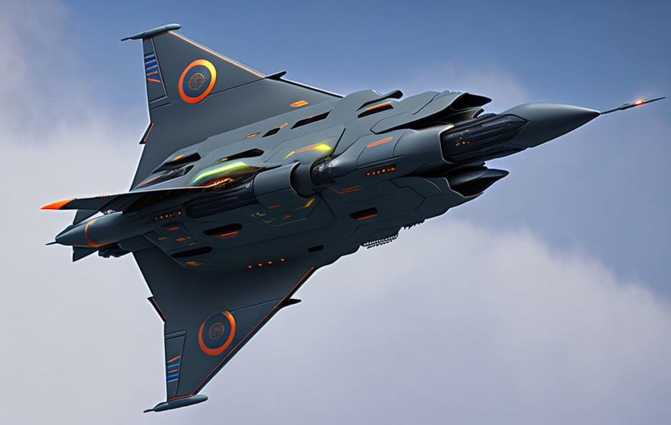 Sleek futuristic fighter jet with advanced weaponry and orange accents in flight