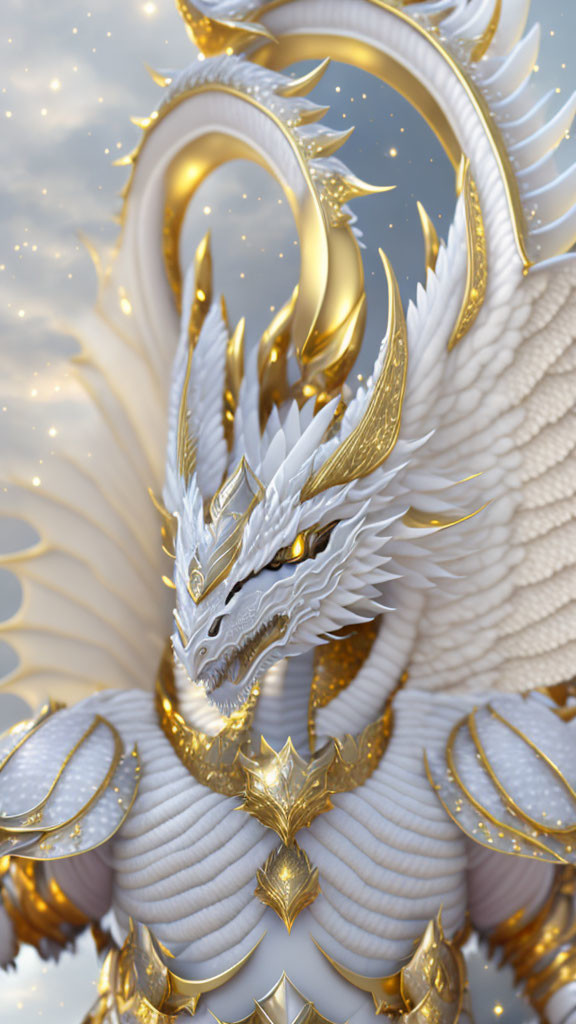 Majestic white and gold dragon in ornate armor against starry sky