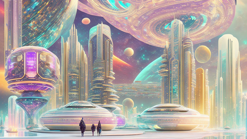 Futuristic cityscape with two figures and celestial bodies