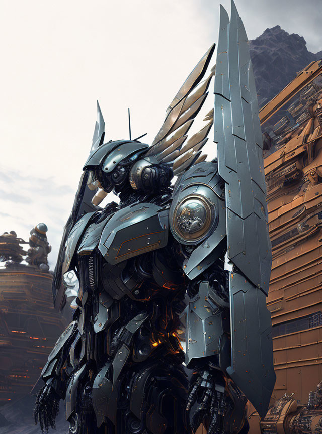 Detailed robotic entity with angular armor and wings in an industrial setting