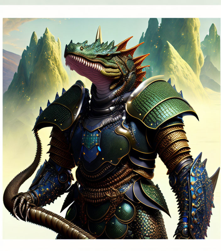 Armored dragon with green scales against towering mountains