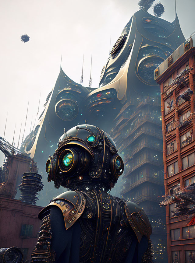 Futuristic robot in intricate armor before high-tech cityscape