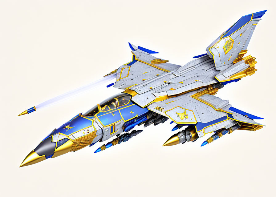 Sleek Blue and Gold Futuristic Fighter Jet Design