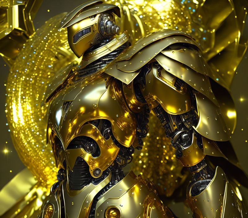 Shiny gold robotic figure with intricate details on abstract background