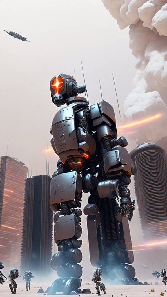 Glowing orange robot in futuristic cityscape with hazy sky