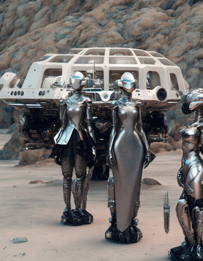 Futuristic humanoid robots in suits near dome on rocky terrain