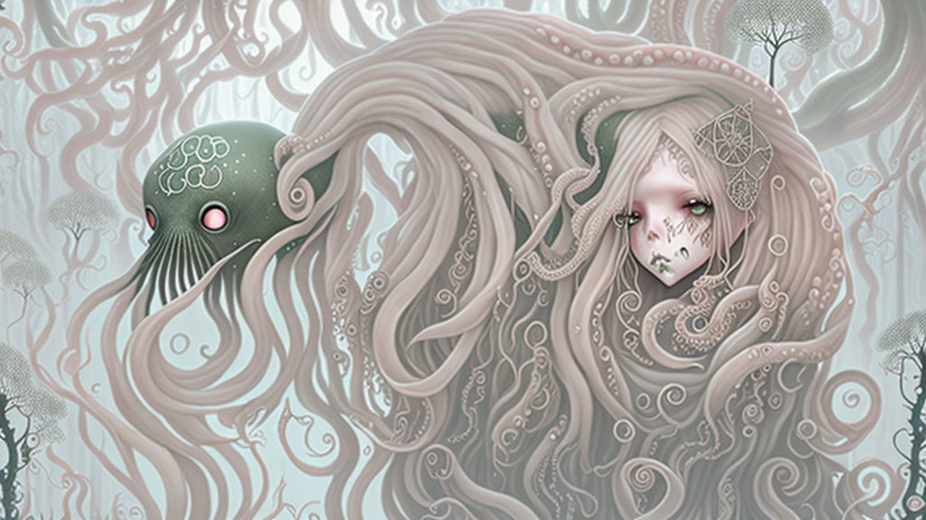 Surreal artwork: Woman with octopus-like hair in forest landscape