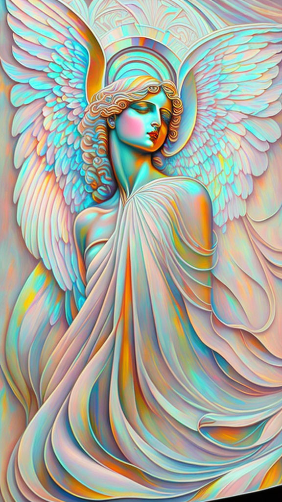 Colorful Artistic Representation of Angelic Figure with Detailed Wings