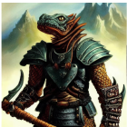 Armored dragon with green scales against towering mountains