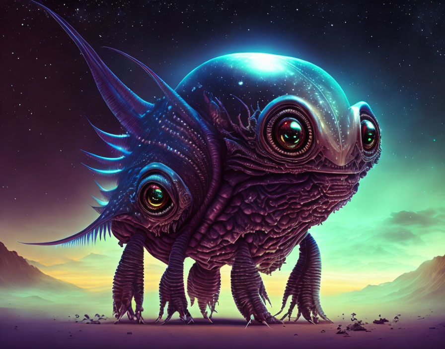 Glowing-eyed alien chameleon creature under starry sky