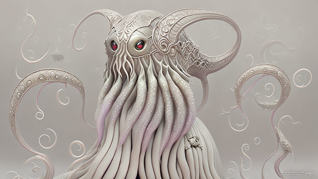 Fantasy illustration: Tentacled creature with ornate horns and red eyes in swirling backdrop