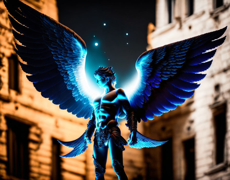 Blue-winged angelic figure under starry sky between buildings