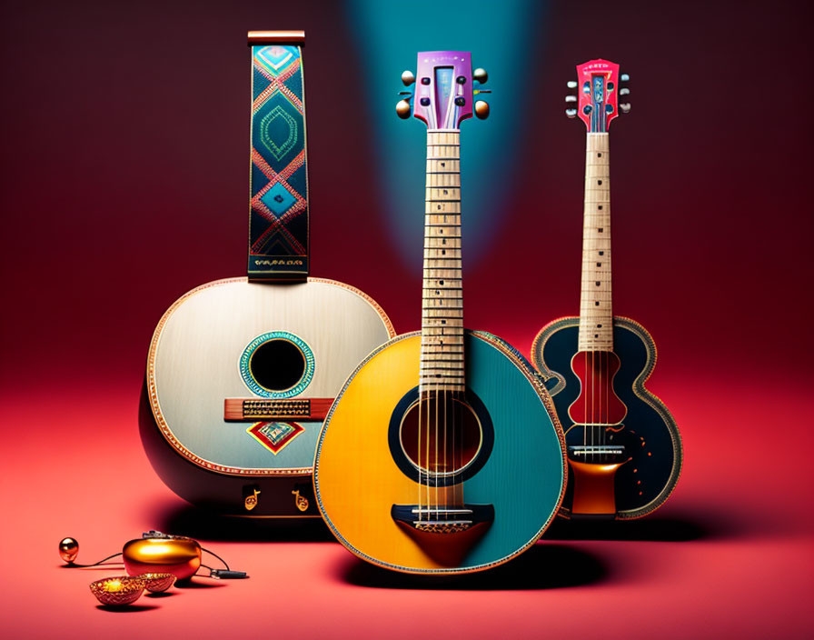 Vibrant stringed instruments with unique designs on red background