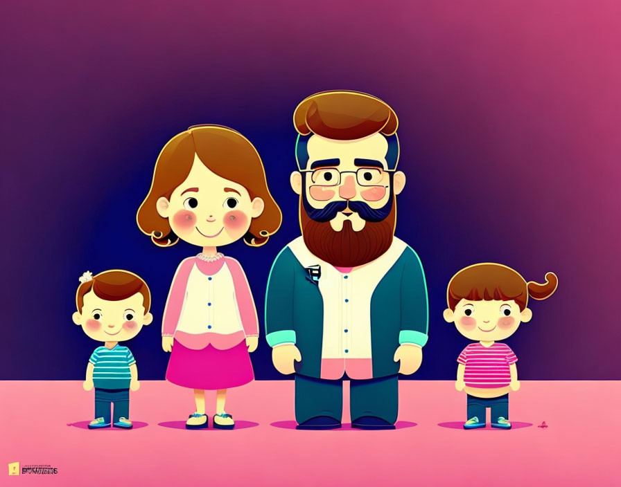 Stylized family illustration with bearded man, woman, and children on pink and purple background