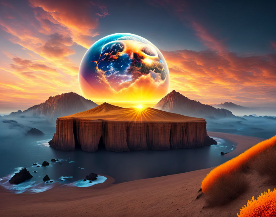 Surreal landscape with floating earth-like sphere above mountain in misty desert at sunset