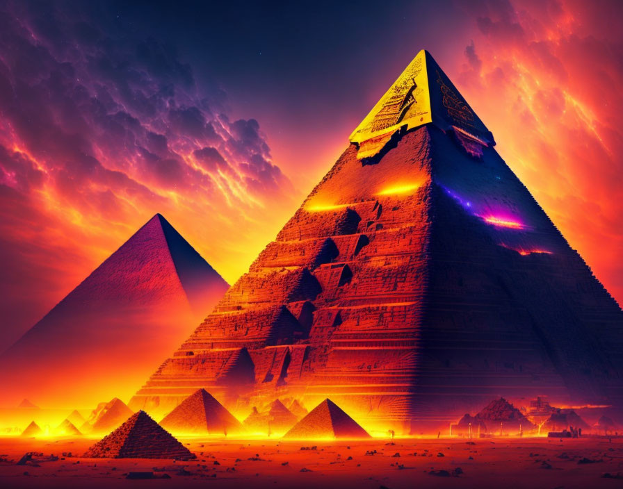 Ancient Pyramids of Giza lit up at night with colorful lights