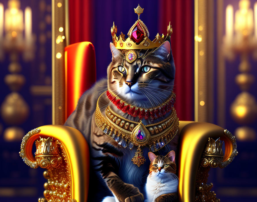 Regal cat with crown and jewels on golden throne in luxurious room