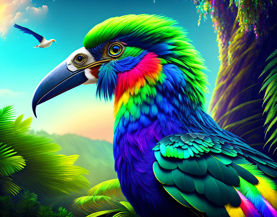 Colorful Toucan and Seagull in Tropical Scene