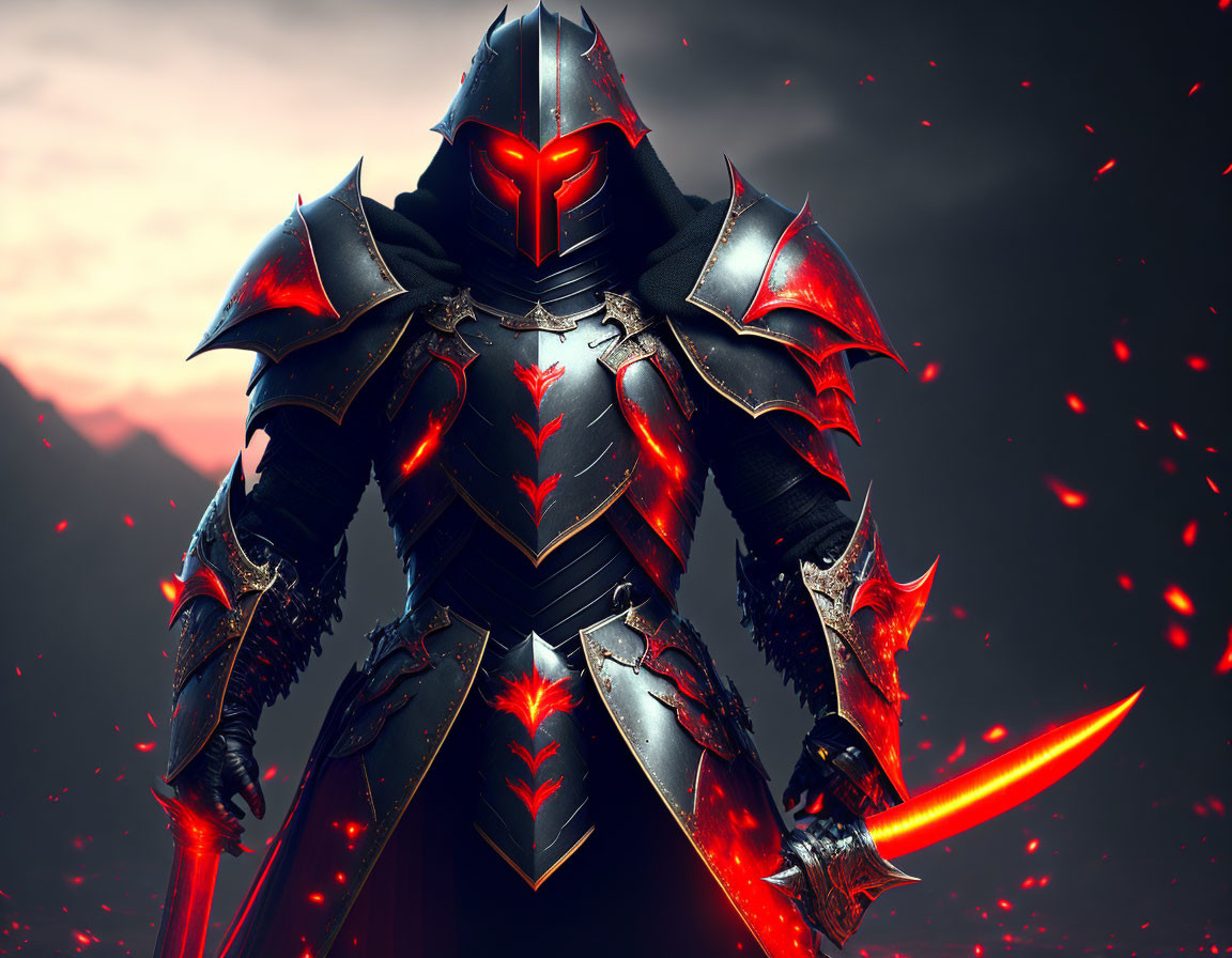 Armored figure with glowing red accents and sword against dusky sky.