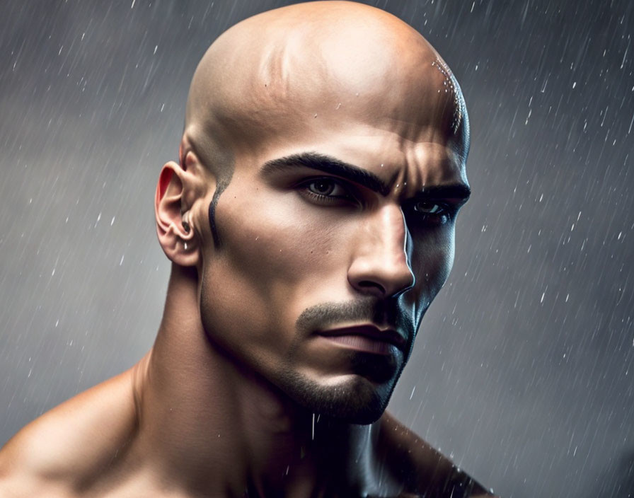 Intense bald man with beard in rain against dark background