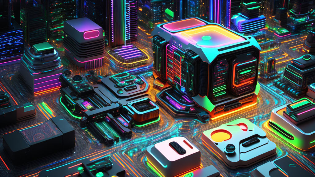 Futuristic neon-lit digital landscape with cybernetic city vibes