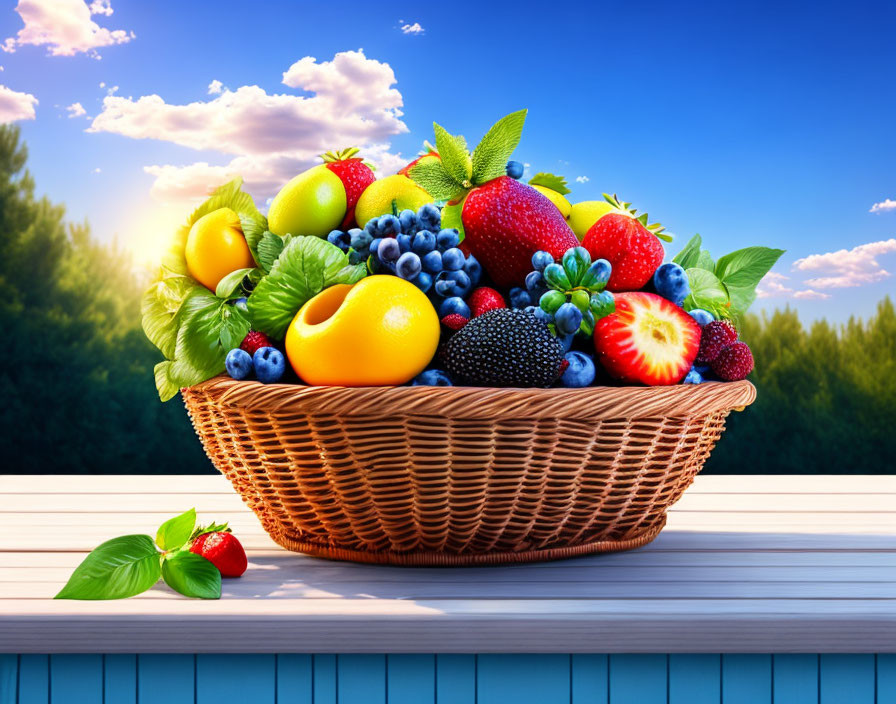 Colorful Fresh Fruit Basket Against Sunny Sky Background