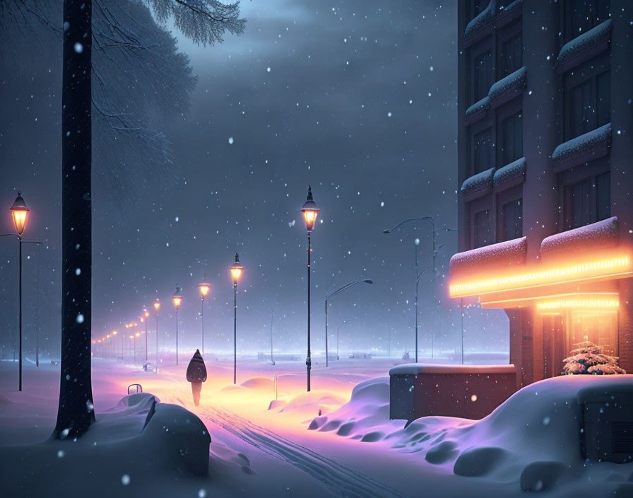 Lonely figure walking snowy night street under warm street lamps