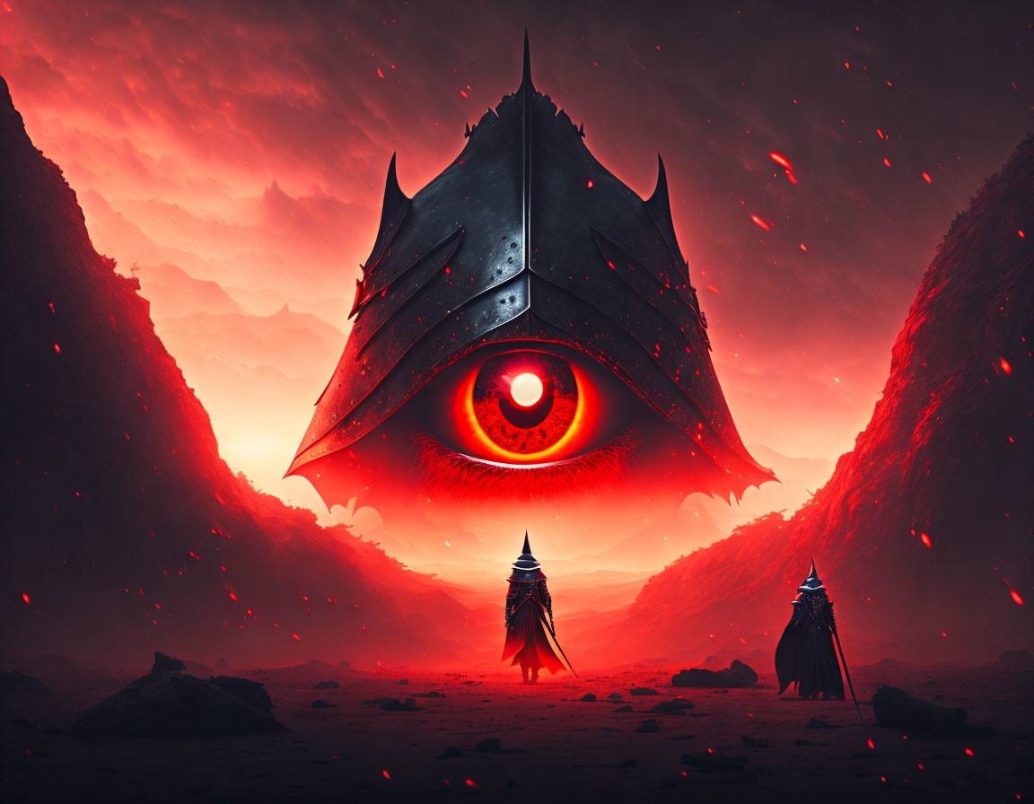 Fantastical helmet-shaped structure with glowing red eye in crimson sky.